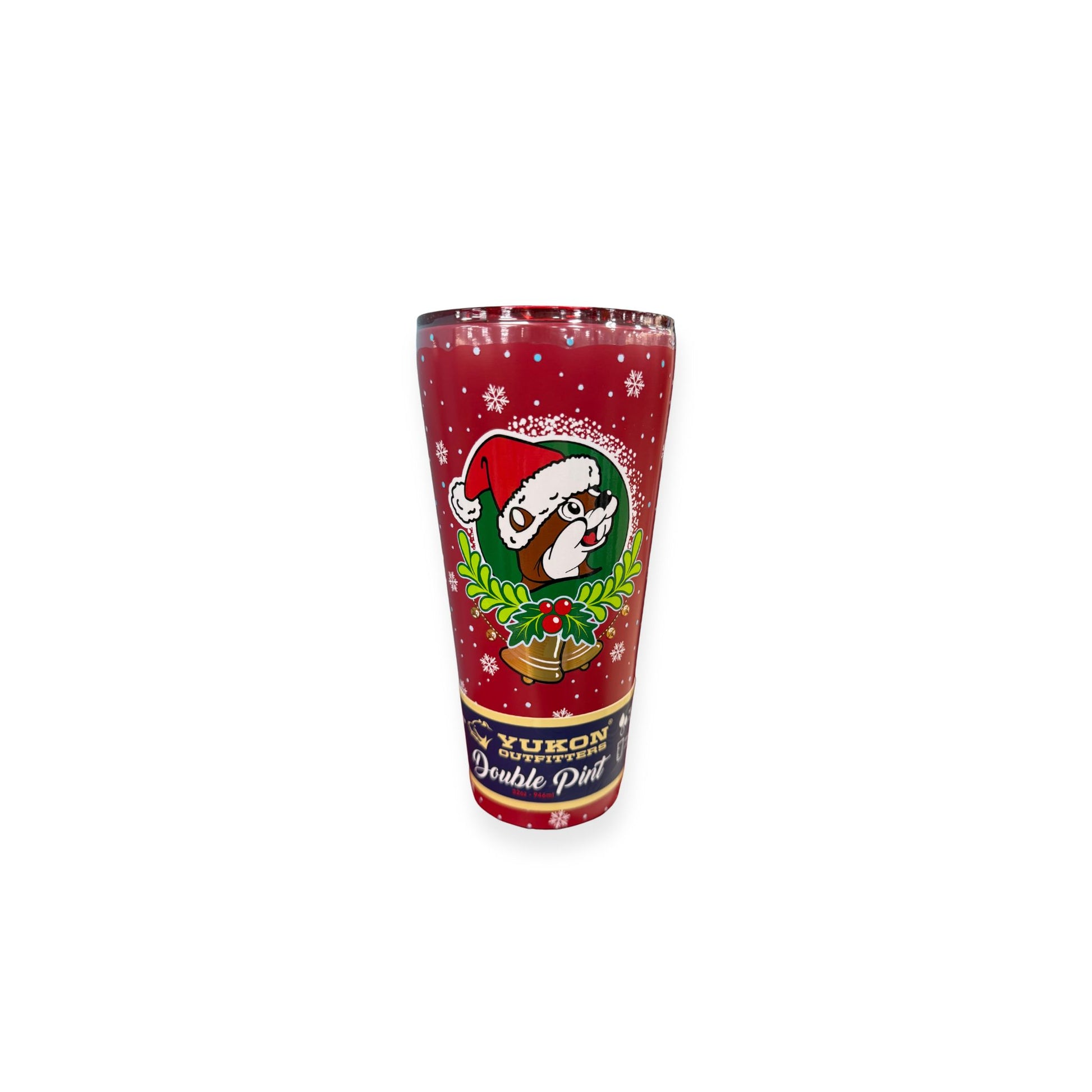 Yukon Outfitters 30oz red Christmas Double Pint with white snowflakes and product label at bottom
