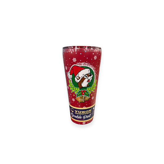 Yukon Outfitters 30oz red Christmas Double Pint with white snowflakes and product label at bottom