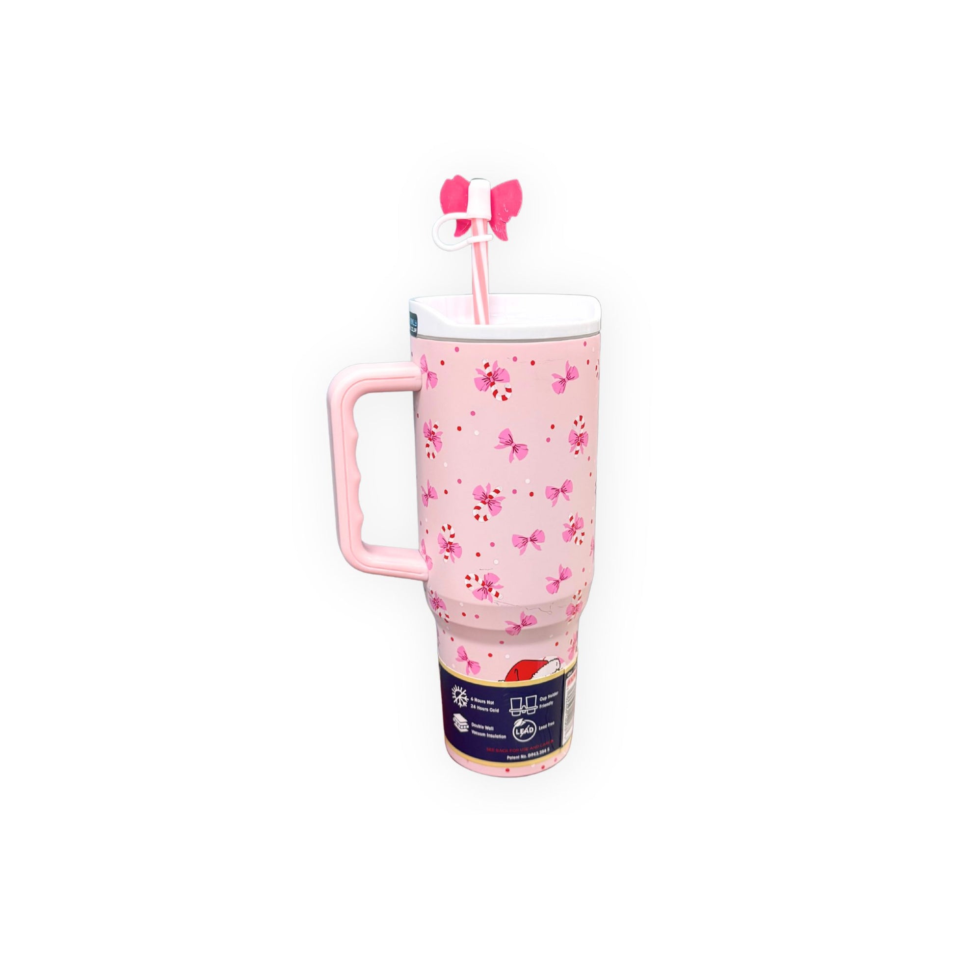 Buc-ee's 2025 limited edition pink tumbler 40oz with bow and flower pattern, pink bow straw topper, white lid and pink handle