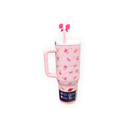 Buc-ee's 2025 limited edition pink tumbler 40oz with bow and flower pattern, pink bow straw topper, white lid and pink handle
