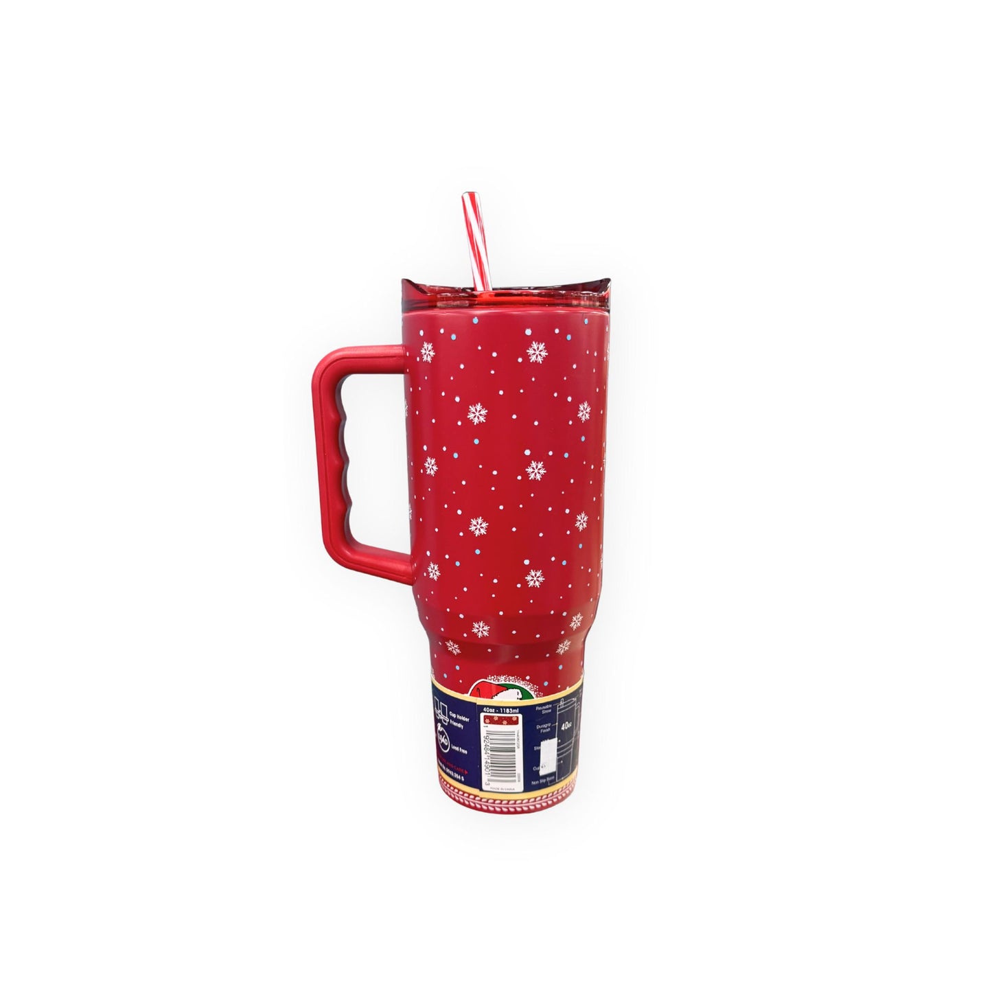 Buc-ee's 2025 limited edition red tumbler 40oz with white snowflakes, red handle and striped straw, back view showing snowflake pattern