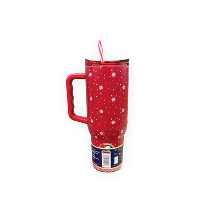Buc-ee's 2025 limited edition red tumbler 40oz with white snowflakes, red handle and striped straw, back view showing snowflake pattern
