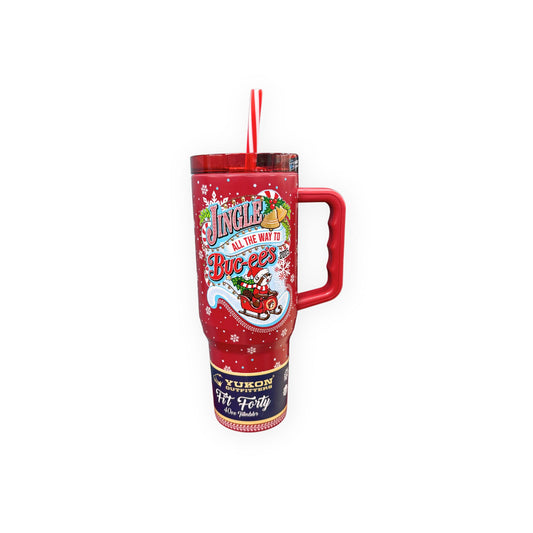 Buc-ee's 2025 Jingle All The Way to Buc-ee's red tumbler showing Santa and Bucky in sleigh with presents, candy canes, holly, Christmas design, 40oz stainless steel