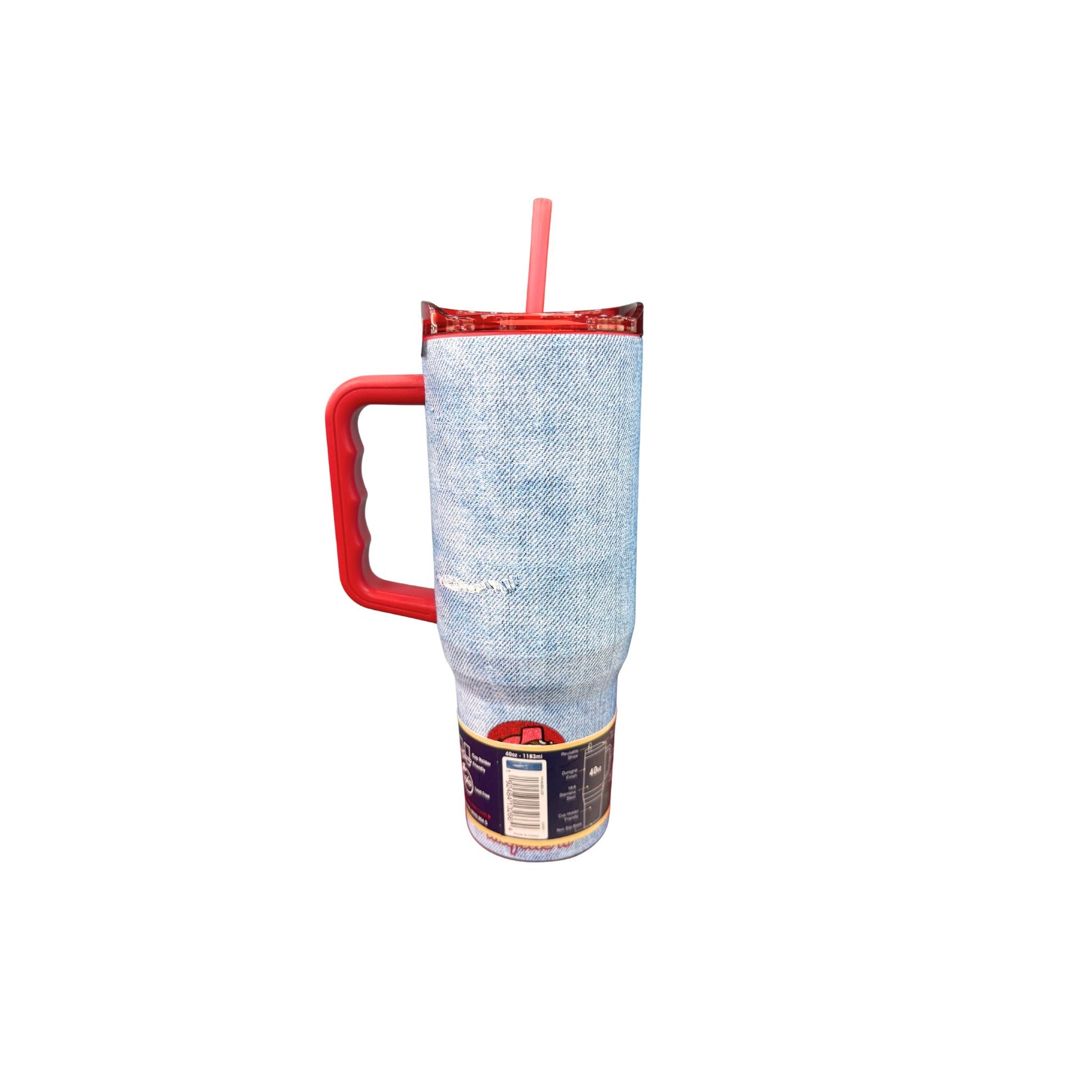 Yukon Outfitters 40oz denim-style tumbler with red handle and straw