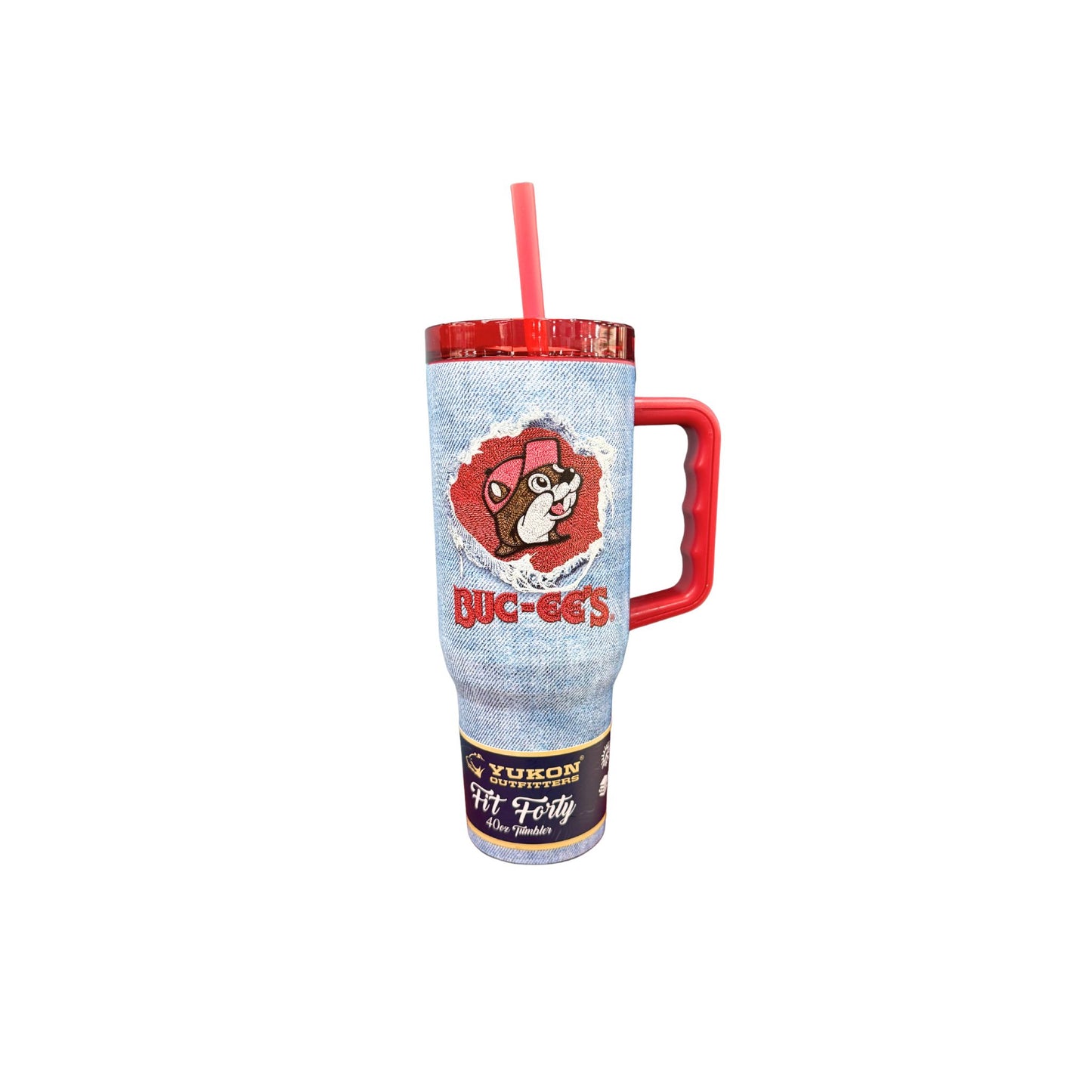 Front view of Yukon Outfitters Buc-ee's tumbler showing vintage denim design with red beaver logo patch and matching red handle