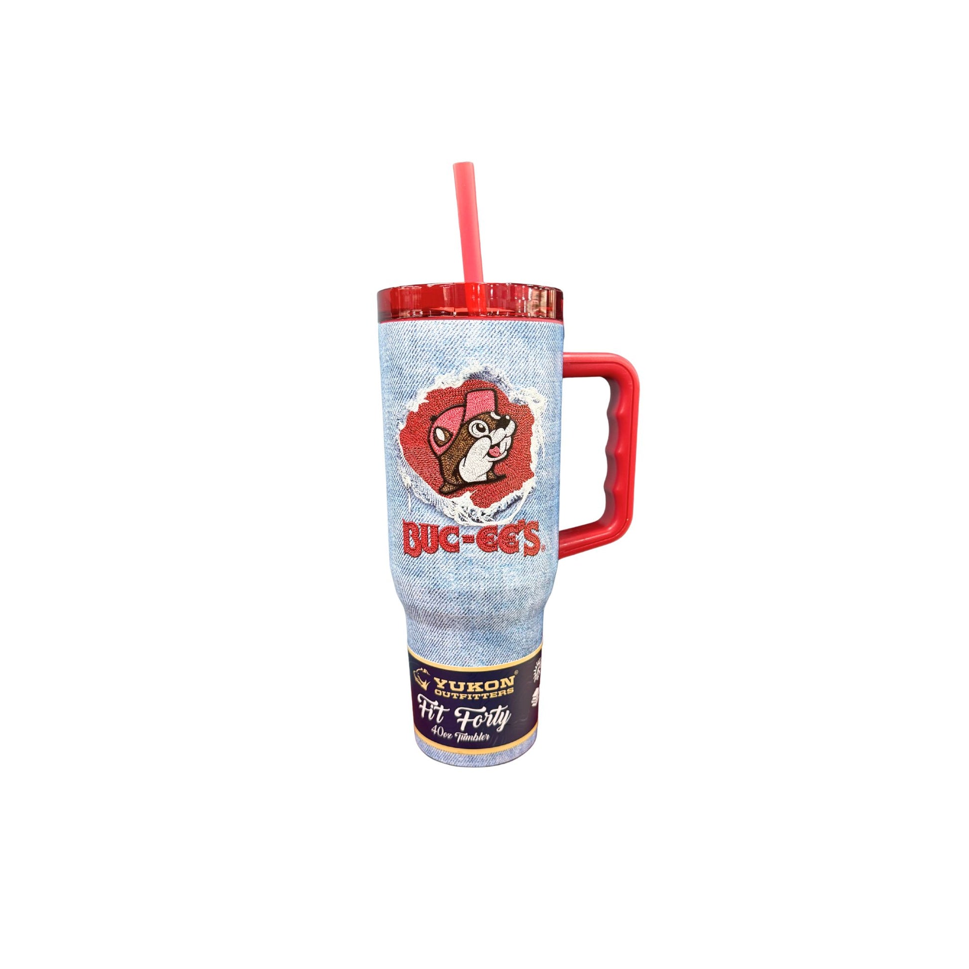 Front view of Yukon Outfitters Buc-ee's tumbler showing vintage denim design with red beaver logo patch and matching red handle