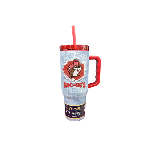 Front view of Yukon Outfitters Buc-ee's tumbler showing vintage denim design with red beaver logo patch and matching red handle