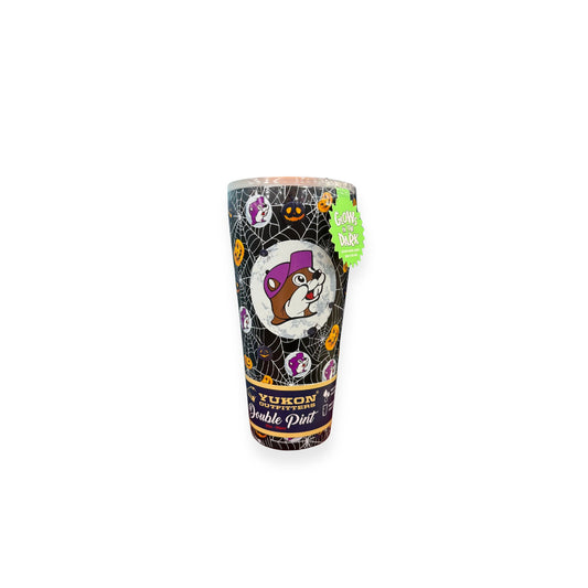 Front view of Buc-ee's Halloween Double Pint showing large witch beaver logo in purple circle with spider web background
