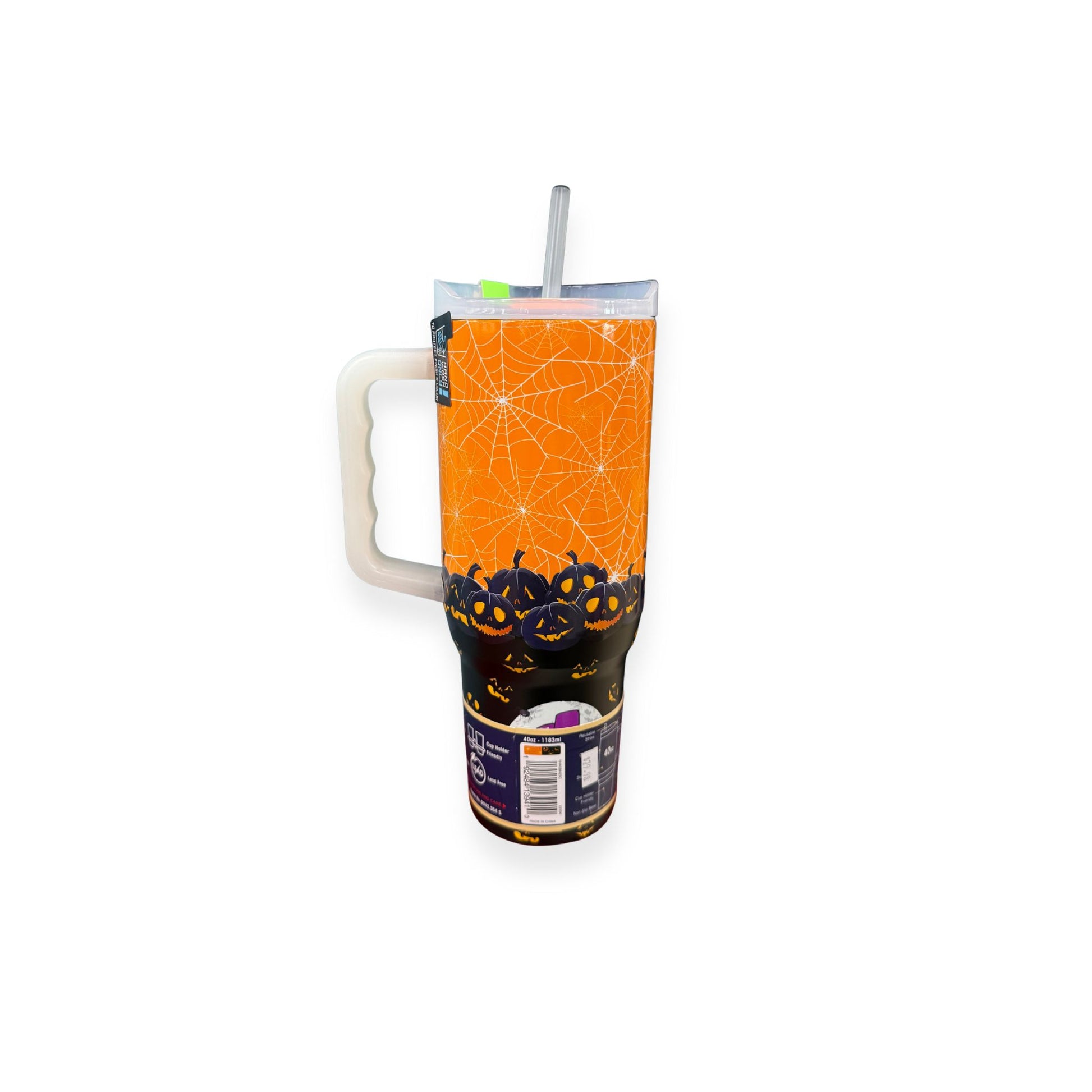 Yukon Outfitters 40oz Halloween 2025 tumbler with orange spider web design, jack-o'-lantern pattern, and glow-in-the-dark tag
