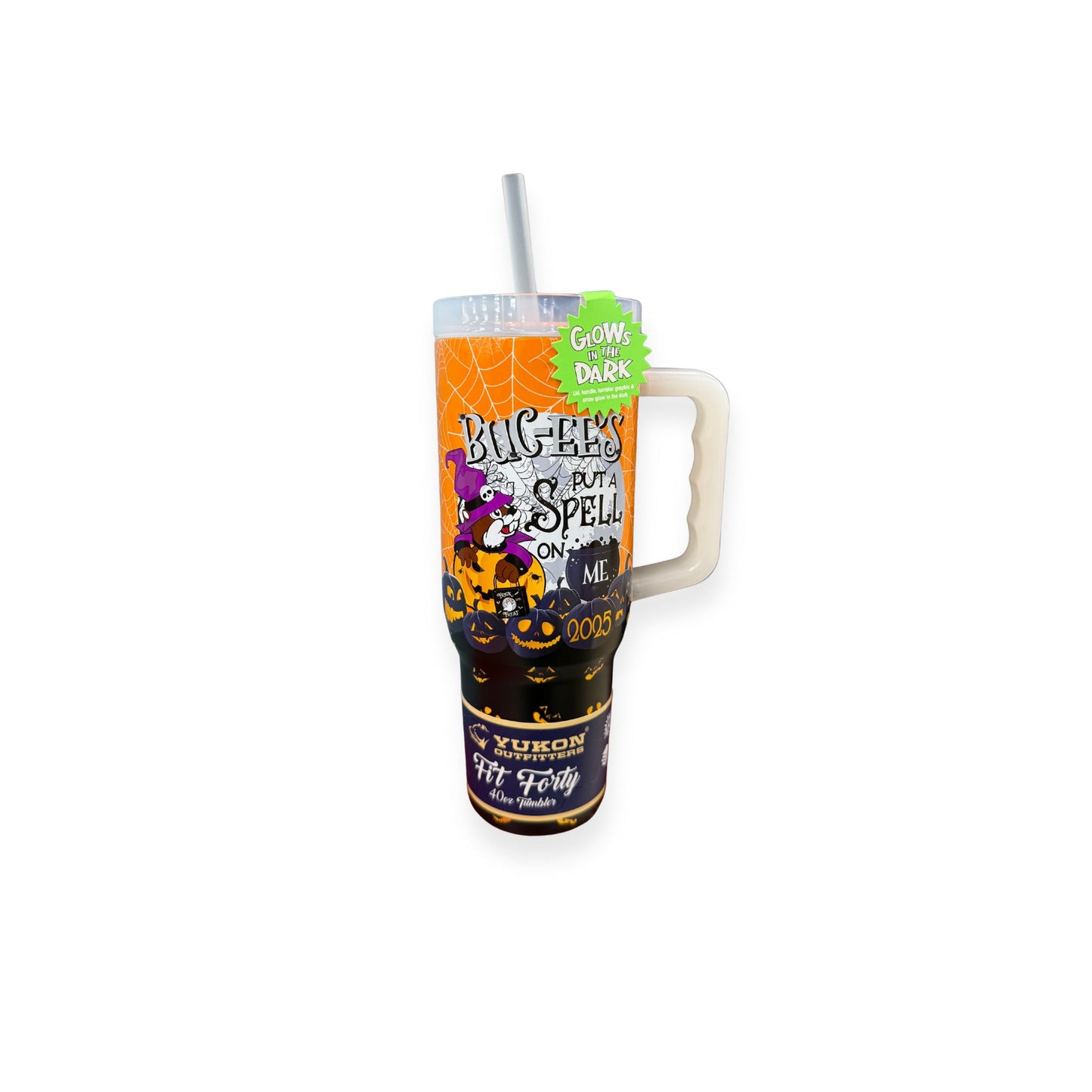 Front view of Buc-ee's Halloween tumbler showing 'Buc-ee's Put a Spell on Me' text with witch beaver and Halloween graphics