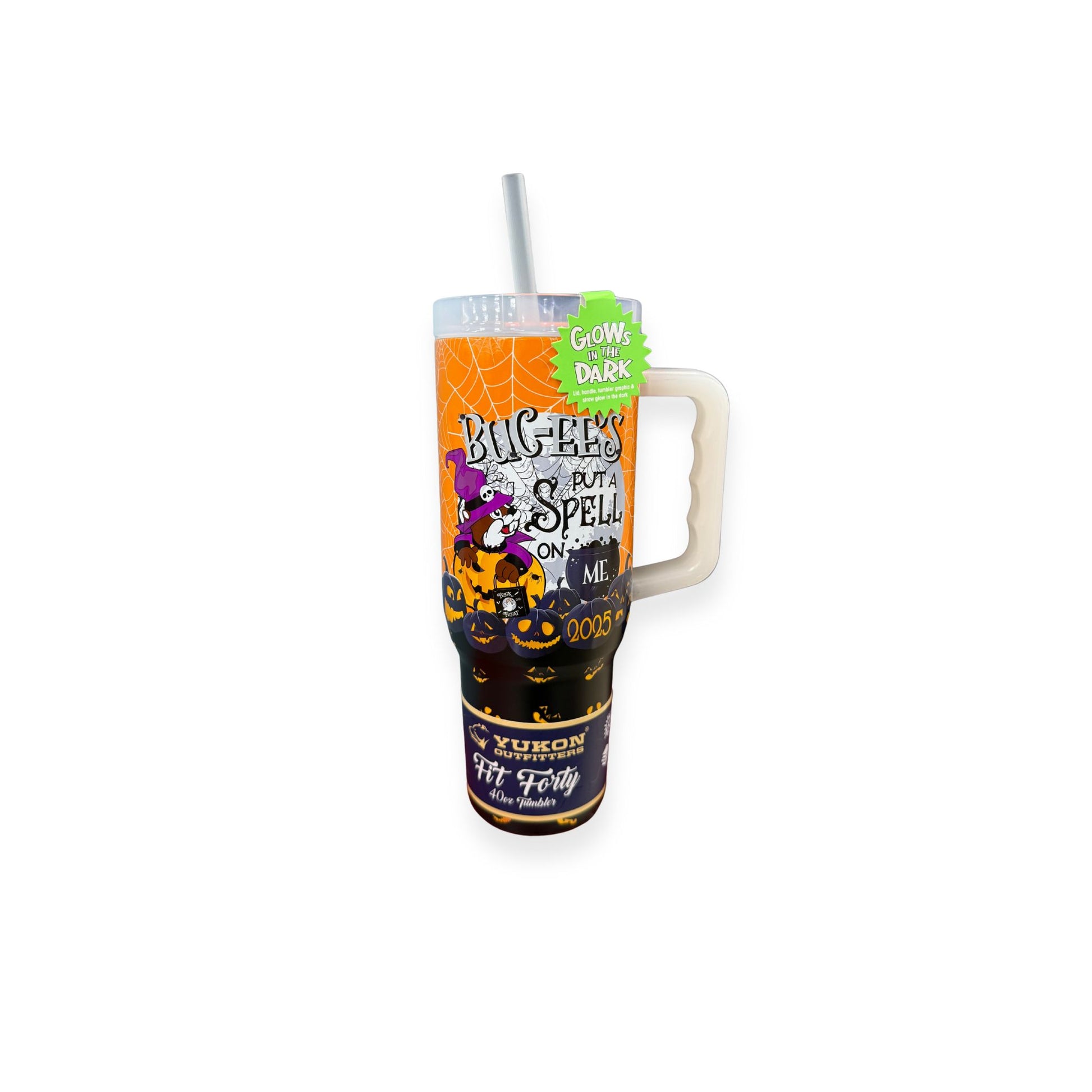 Front view of Buc-ee's Halloween tumbler showing 'Buc-ee's Put a Spell on Me' text with witch beaver and Halloween graphics