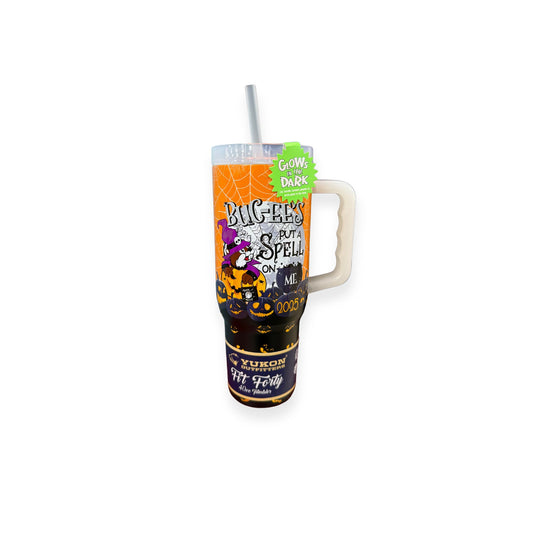 Front view of Buc-ee's Halloween tumbler showing 'Buc-ee's Put a Spell on Me' text with witch beaver and Halloween graphics