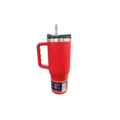 Red Buc-ee's Yukon Outfitters 40oz insulated tumbler with handle, stainless steel rim, gray straw and splash-proof lid, powder-coated finish