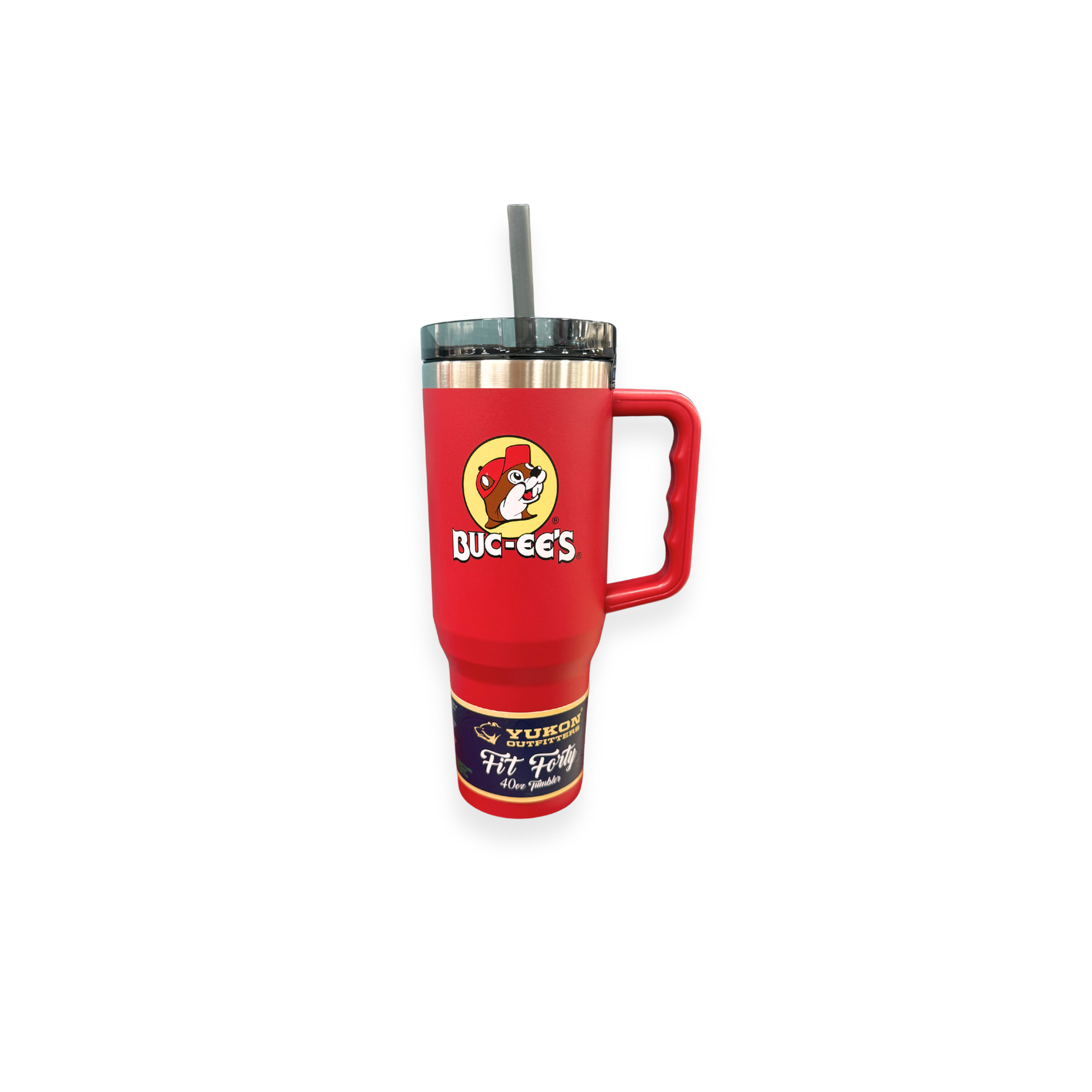 Buc-ee's x Yukon Outfitters 40oz tumbler showing Bucky logo and branding on red powder-coated body with ergonomic handle and straw lid