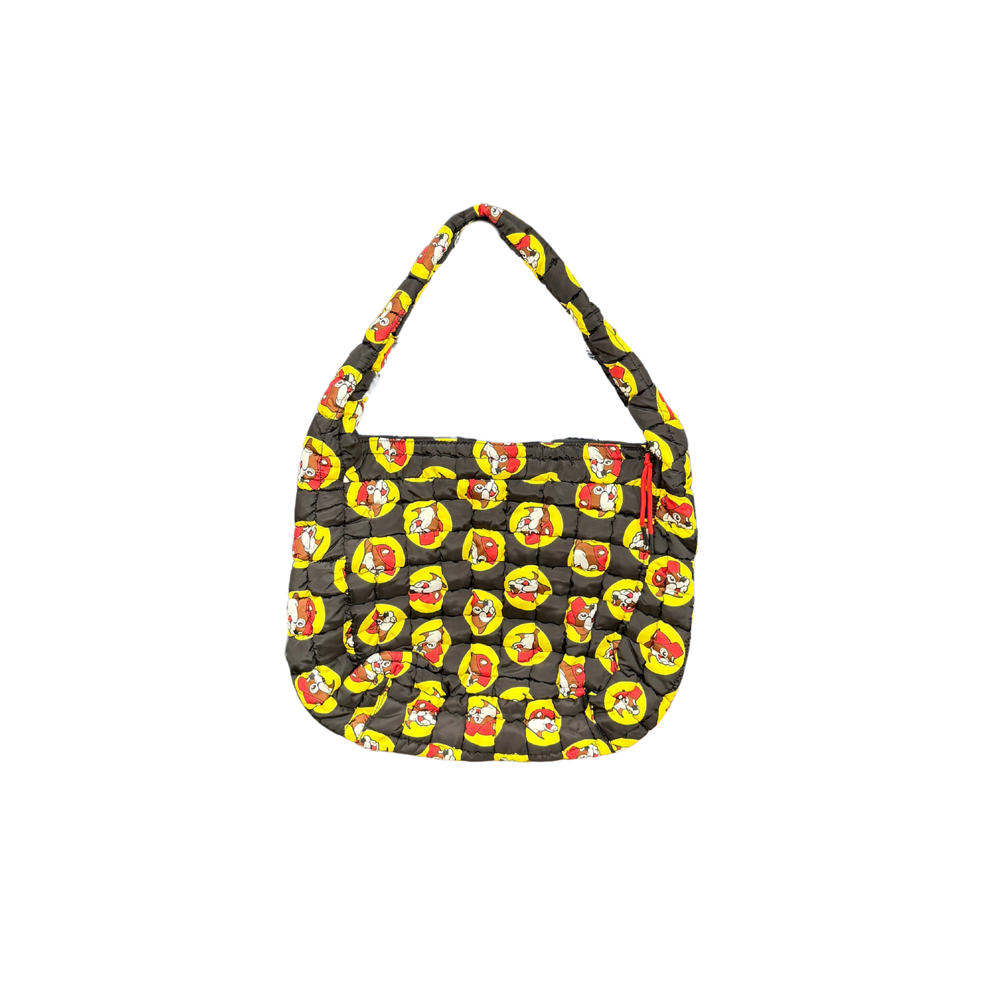 Buc-ee's quilted shoulder bag in charcoal gray with repeating yellow circle Bucky beaver logos, slouchy hobo style with long adjustable shoulder strap